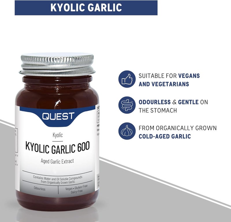 Quest 90x Kyolic Garlic Tablets High Strength 600mg Odourless Aged Garlic Extract for Heart Immune Digestive Cognitive Health Daily Dietary Supplement Vegan GlutenFree Pack of 1 - Image 3