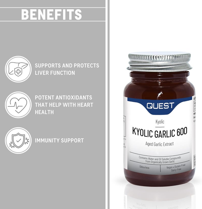 Quest 90x Kyolic Garlic Tablets High Strength 600mg Odourless Aged Garlic Extract for Heart Immune Digestive Cognitive Health Daily Dietary Supplement Vegan GlutenFree Pack of 1 - Image 2