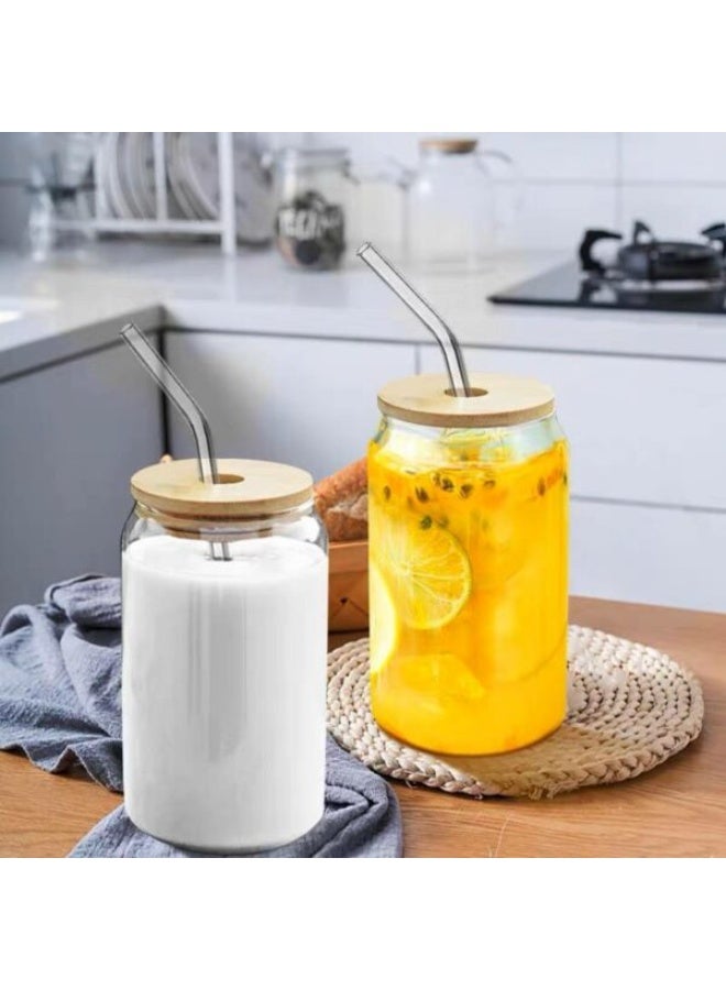 Set of 2 Pyrex Glass Can Mugs with Bamboo Lid and Glass Straw – Elegant Cup for Hot and Cold Drinks