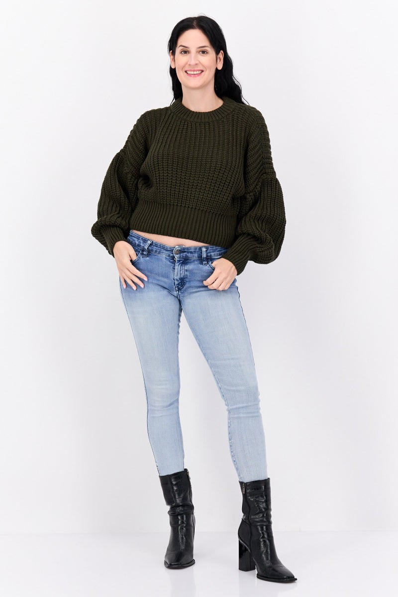 En Saison Women Crew Neck Ribbed Knit Sweater, Olive - Image 4