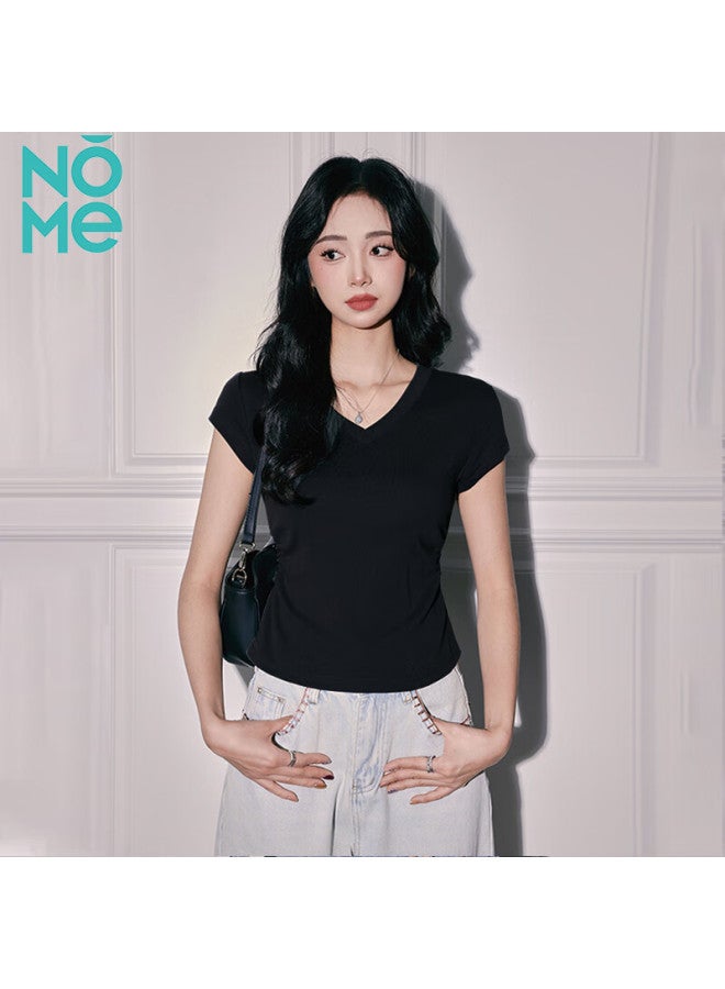 Nome Women's V-neck Short Sleeve T-shirt Summer New Pleated Waist Slim Fit Half Sleeve Black XL - Image 1