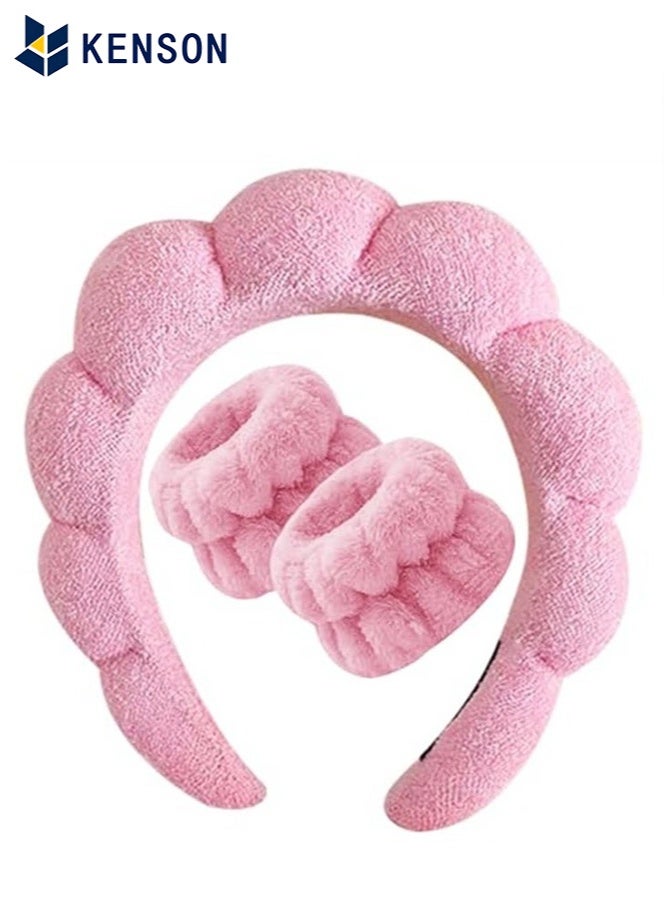 KENSON Spa Headband for Washing Face Wristband Set Sponge Makeup Skincare Headband Terry Cloth Bubble Soft Get Ready Hairband Women Girl Puffy Padded Headwear Non Slip Thick Hair Accessory - Image 1