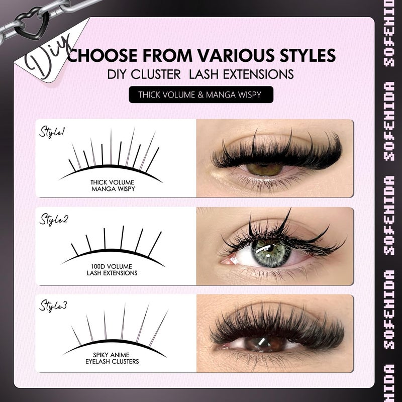 SOFENIDA Lash Clusters Thick Lash Cluster with Lash Spikes 13-21MM Eyelash Clusters Thick Volume DIY Fairy Spiky Lash Extension Manga Lash Clusters Volume Cluster Lashes by SOFENIDA(100D-10-18MM) - Image 3