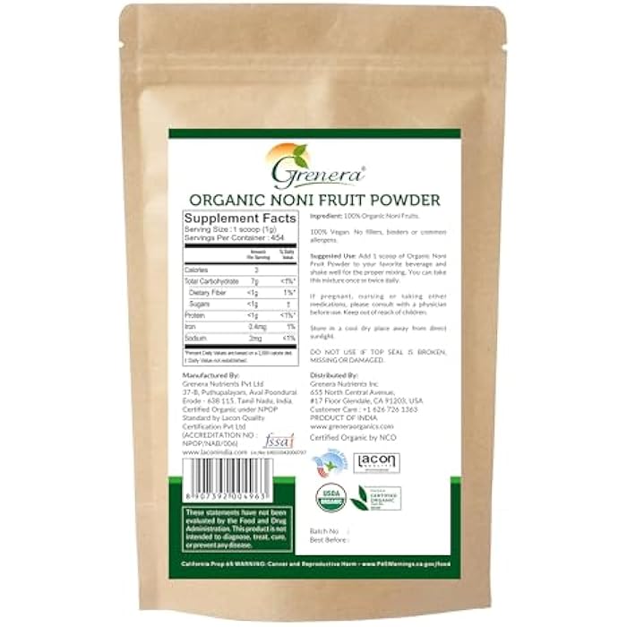 Grenera Organic Noni Fruit Powder, 1 lb (454 g) – Organic, Non – GMO, Gluten Free - Image 2