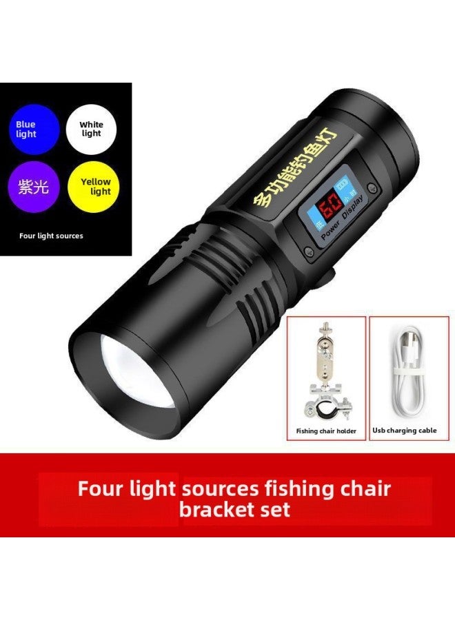 إسكدنيا Four-light Source Zoom Fishing Lamp Purple Light Fishing Lamp Charged Display Strong Light Flashlight Charging High-power Night Fishing Lamp 99-Color:No. 1 Black Eagle Four Light-fishing Chair Frame - Image 1