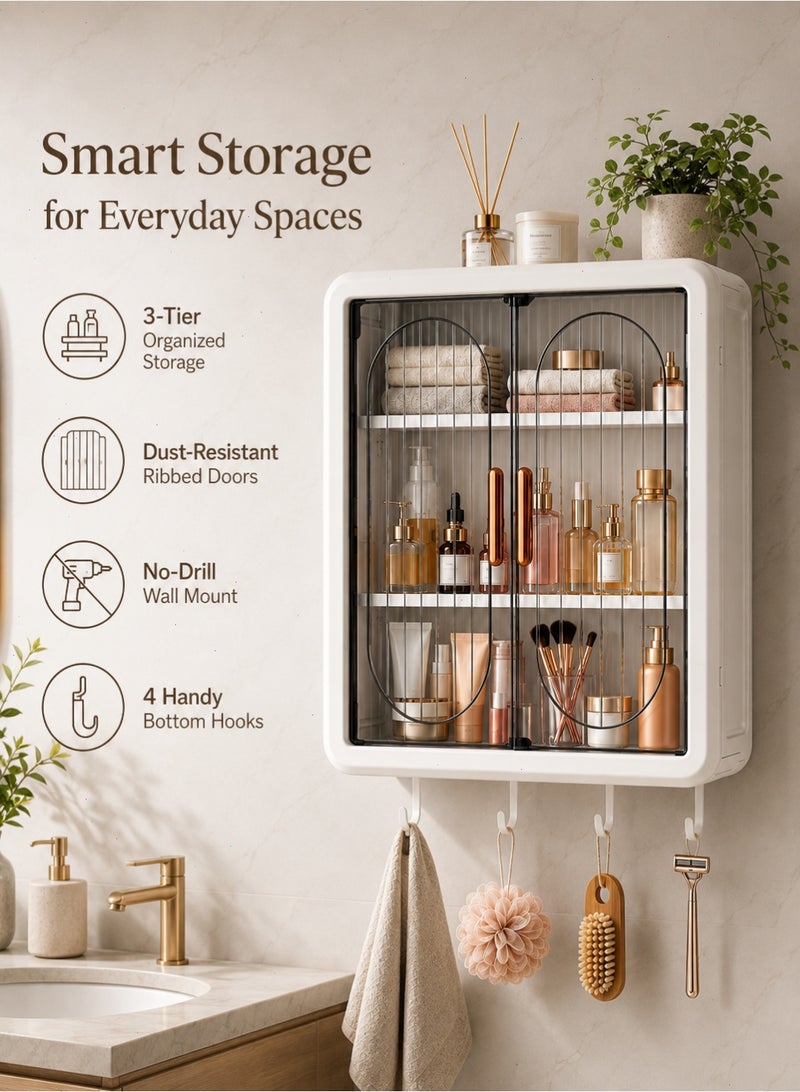 Wall Mounted Bathroom Cabinet, No-Drill 3-Tier Storage Organizer with Transparent Double Doors, 4 Hooks, Dust-Resistant Cabinet for Cosmetics, Towels, Kitchen and Laundry Room - Image 3