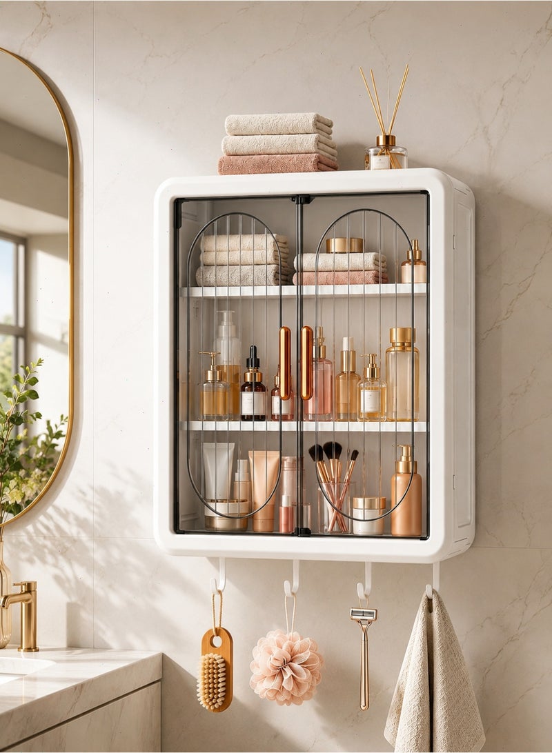 Wall Mounted Bathroom Cabinet, No-Drill 3-Tier Storage Organizer with Transparent Double Doors, 4 Hooks, Dust-Resistant Cabinet for Cosmetics, Towels, Kitchen and Laundry Room - Image 1