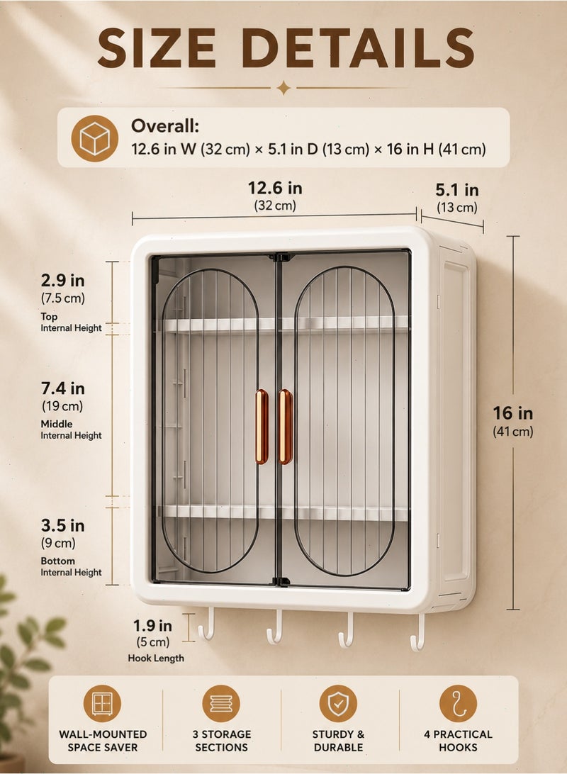 Wall Mounted Bathroom Cabinet, No-Drill 3-Tier Storage Organizer with Transparent Double Doors, 4 Hooks, Dust-Resistant Cabinet for Cosmetics, Towels, Kitchen and Laundry Room - Image 2
