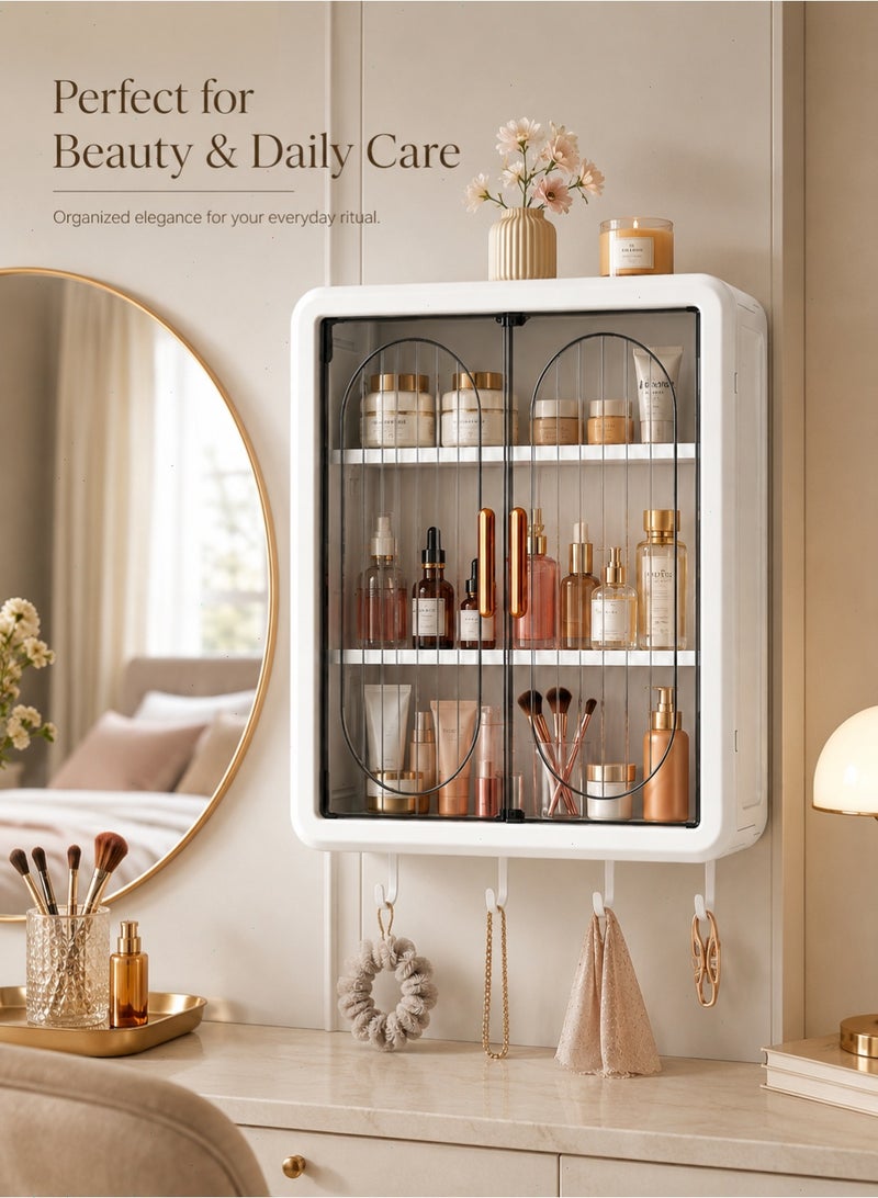 Wall Mounted Bathroom Cabinet, No-Drill 3-Tier Storage Organizer with Transparent Double Doors, 4 Hooks, Dust-Resistant Cabinet for Cosmetics, Towels, Kitchen and Laundry Room - Image 5