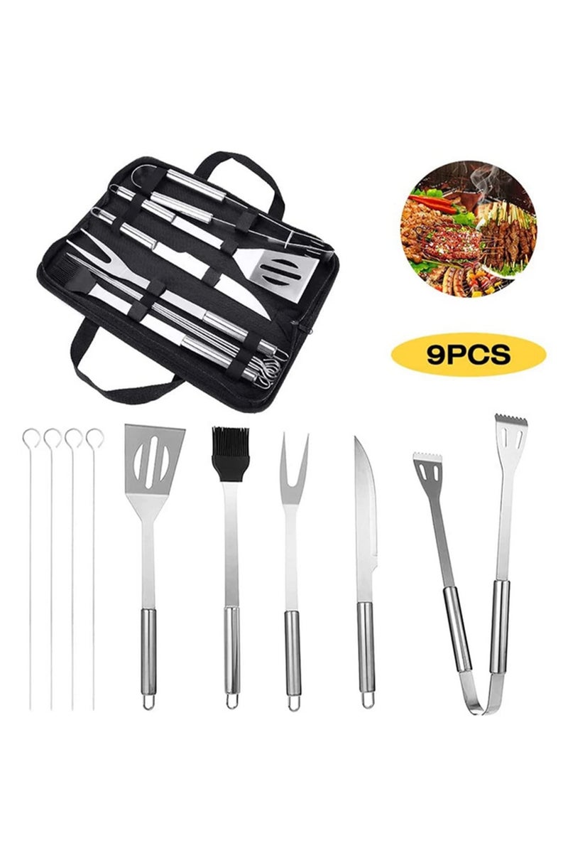 9pcs BBQ Tool Set Stainless Steel Barbecue Grilling Tools for Outdoor Camping Cooking with Carrying Bag Grill Accessories Kit for Backyard Picnic Party - Image 2