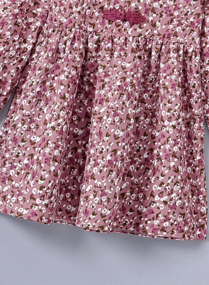 Toddler Girls Ditsy Floral Print Frog Button Corduroy Dress  - Image 3