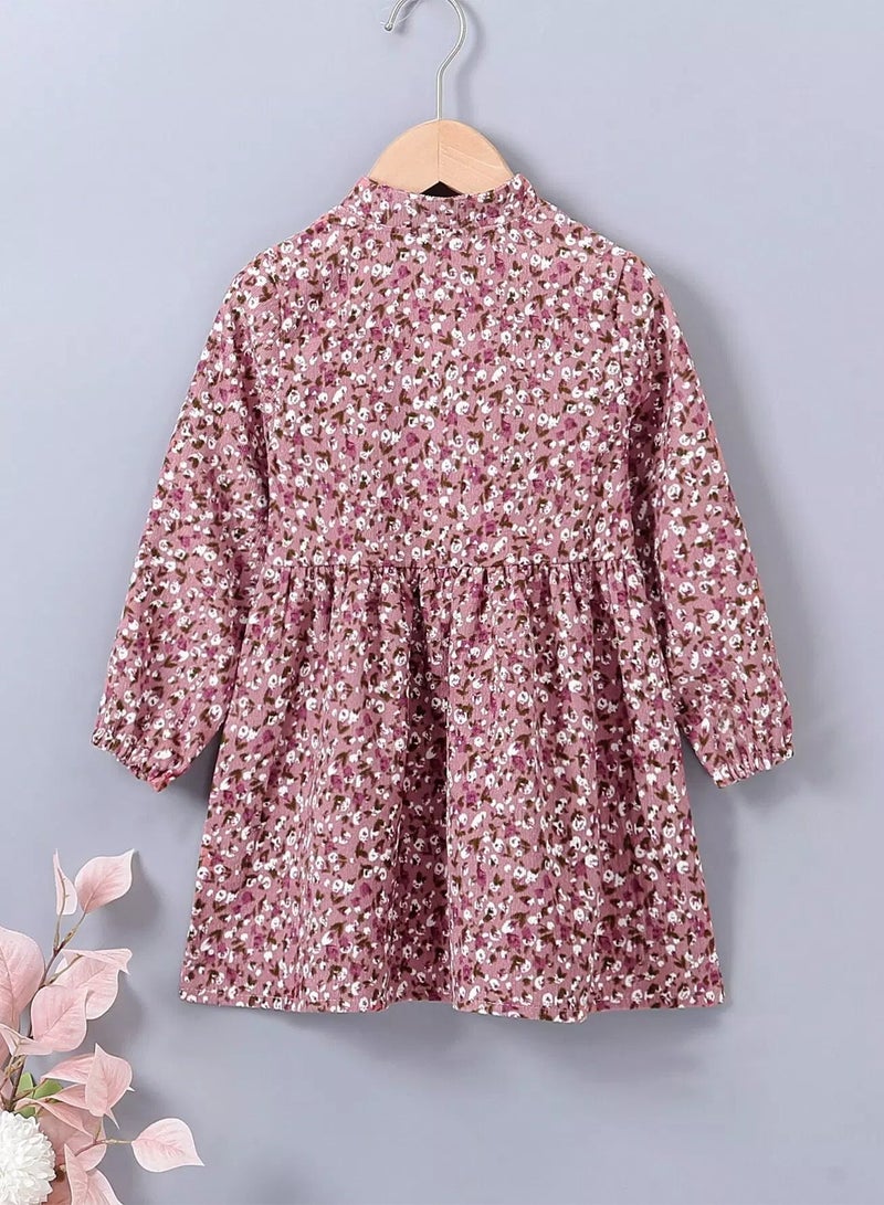 Toddler Girls Ditsy Floral Print Frog Button Corduroy Dress  - Image 2