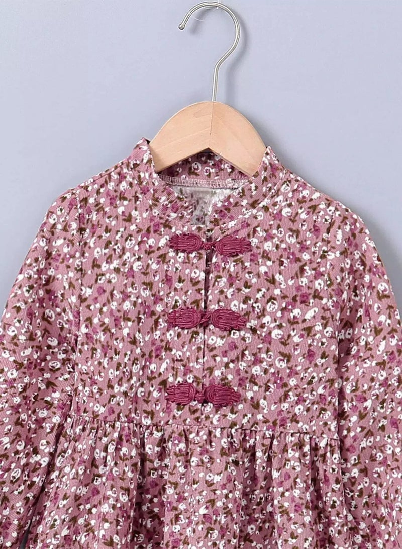 Toddler Girls Ditsy Floral Print Frog Button Corduroy Dress  - Image 4