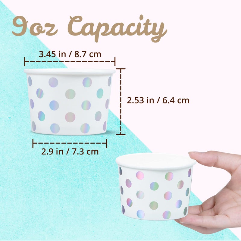 MATICAN Paper Ice Cream Cups - 50-Count 9-Oz Disposable Dessert Bowls for Hot or Cold Food  9-Ounce Party Supplies Treat Cups for Sundae  Frozen Yogurt  Soup  Silver Foil Polka Dots - Image 4