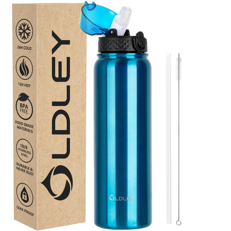 OLDLEY Stainless Steel Water Bottle with Straw 1L Vaccum Insulated Large Drink Flask Metal Water Bottles 1 Litre Leakproof Keep Drinks Hot Cold for Sports Travel Adult Women MenBright Blue 1 Lid
