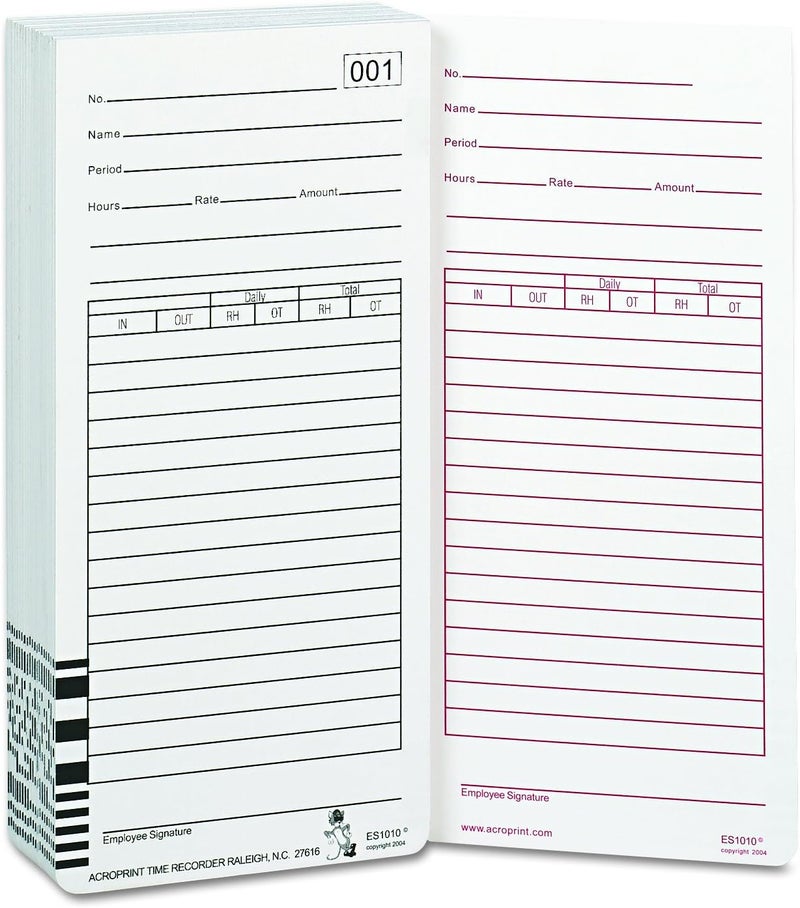 Acroprint 09-9111-000 Totalizing Payroll Recorder Time Cards ES1010, Pack of 100 Cards, Numbered, Employee Signature Line - Image 1