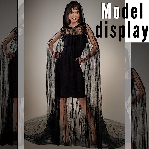 Hercicy Halloween Lace Cape Full Length Hooded Cloak Gothic Witch Sheer Cape for Cosplay Vampire Costume Wedding(Black,Classic) - Image 5