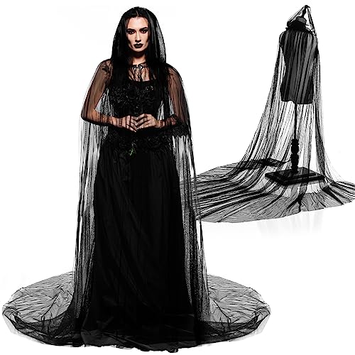 Hercicy Halloween Lace Cape Full Length Hooded Cloak Gothic Witch Sheer Cape for Cosplay Vampire Costume Wedding(Black,Classic) - Image 1