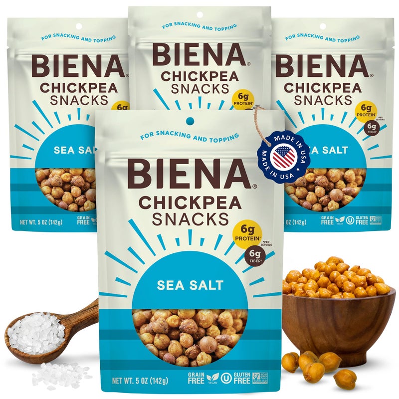 BIENA Chickpea Snacks  Crunchy Roasted Chickpeas  High Fiber Vegan Protein Snacks for Adults and Kids  4Pack 5 Ounce Bags  Sea Salt - Image 3