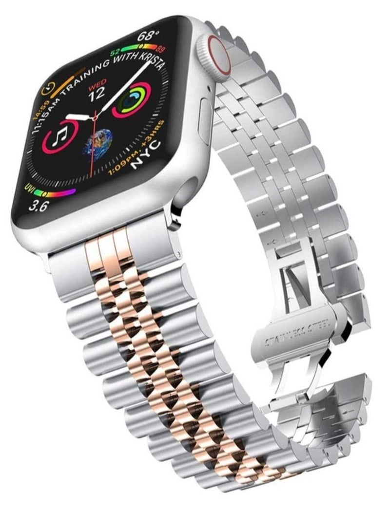 Gravity Replacement Band Compatible with Apple Watch ,40mm / 38mm Stainless Steel Solid Strap Metal Bracelet for Apple Watch Series 7 6 5 4 3 2 SE (Silver + Rose Gold) - Image 1