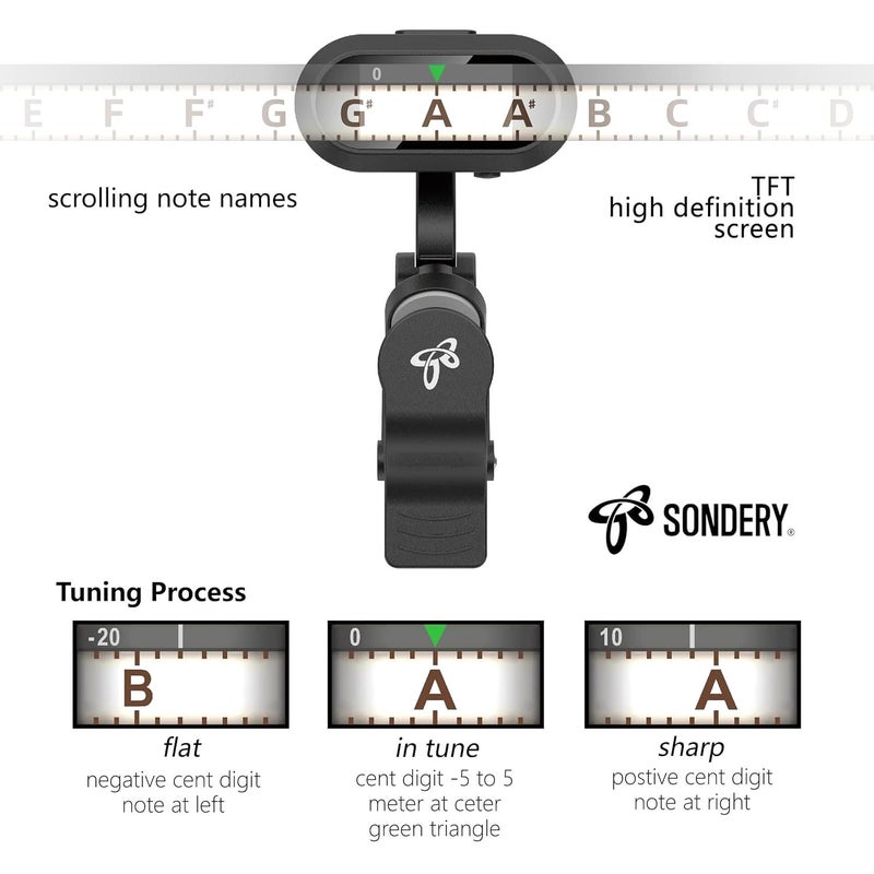 Sondery م tuner جيتار سوندرى كمان مشبك قابل لإعادة الشحن، سهل القراءة شاشة TFT بسيطة، ضبط سريع ودقيق للغاية، موالف كروماتيكي لرأس الجيتار تردد 410-460Hz، مثالي لأي إضاءة - Image 4