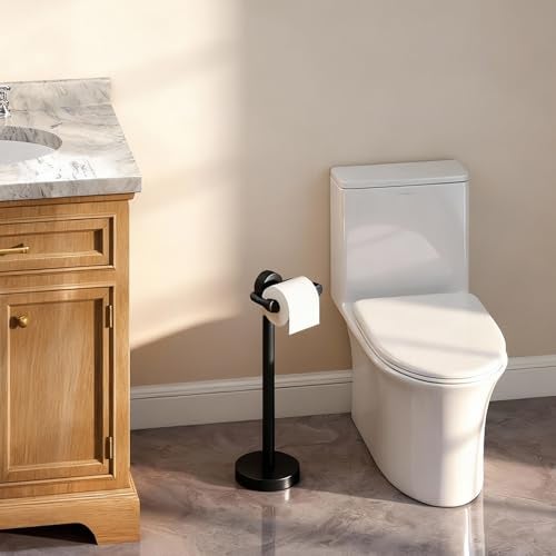 YUMORE Free Standing Toilet Paper Holder Stand, Heavy Weighted Base & Pivoting Arm, Modern Rustproof Stainless Steel TP Roll Holder for Bathroom, Matte Black - Image 3