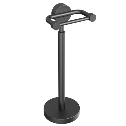 YUMORE Free Standing Toilet Paper Holder Stand, Heavy Weighted Base & Pivoting Arm, Modern Rustproof Stainless Steel TP Roll Holder for Bathroom, Matte Black - Image 1