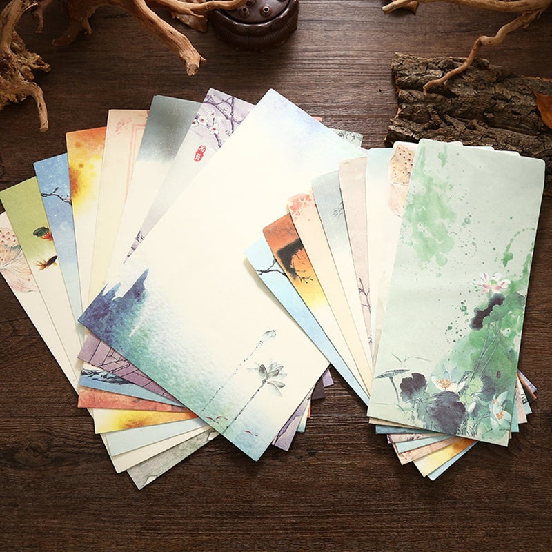 SCStyle 16 Cute Retro Envelopes 8.46 x 4.33 Inches 32 Lovely Kawaii Special Design Chinese Style Stationery Writing Letter Paper 10.2 x 7.3 Inches,Stationary Paper and Envelopes Set