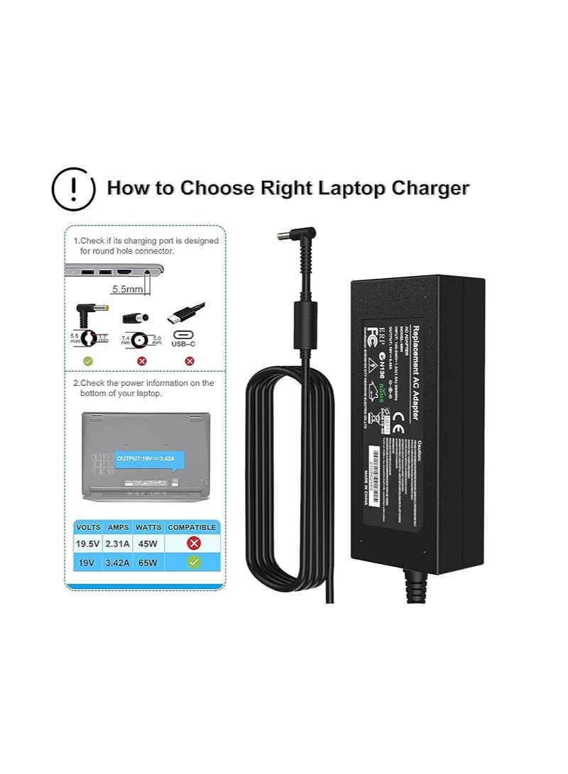 Terabyte Laptop Charger For Acer 65W/19V/3.42A AC Power Adapter Power Supply Replacement With Power Cord Compatible With Acer Aspire Acer ES1-511 E1 E3 E3-111 E5 and More - (5.5x1.7mm) - Image 3