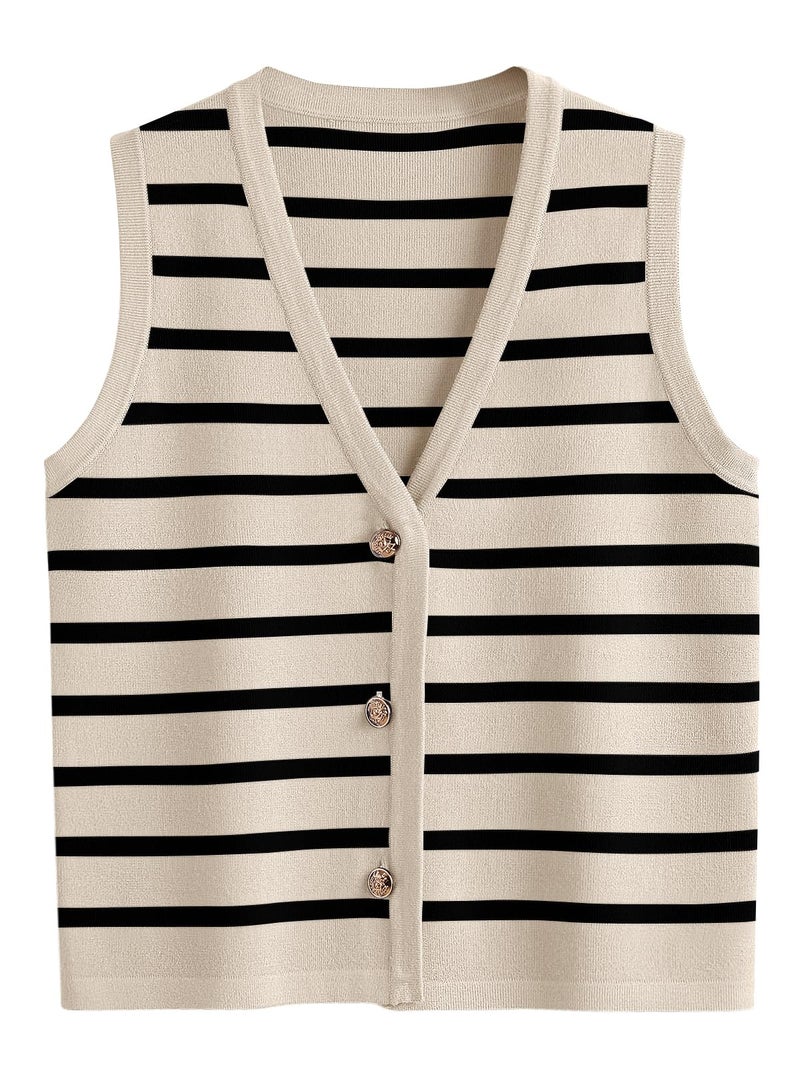 LILLUSORY Vest Tops for Women 2026 Spring Striped Sweaters Button Up Summer Business Casual Outfits Womens Blouses Jackets Fashion Clothes Sleeveless V Neck Tops ApricotBlack XS - Image 1