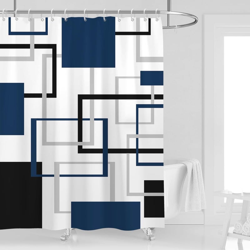 Kikiry Dark Blue and Black Shower Curtain 60''W x 72''L Abstract White Grey Gray Geometric Cross Checkered Modern Geometry Minimalist Neutral Simple Design Polyester Waterproof 12 Pack Plastic Hooks - Image 1