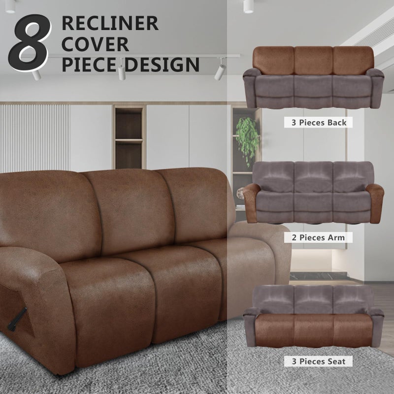 molasofa Recliner Sofa Covers - Leather Like Recliner Sofa 3 Seater Recliner Couch Covers for 3 Cushion Couch 8 Pieces Washable Stretch Reclining Sofa Slipcovers (Brown) - Image 5