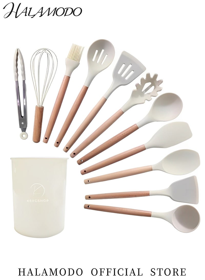 هالامودو مجموعة أدوات طهي من السيليكون مكونة من11 قطعة بمقبض خشبي، مجموعة أدوات طهي من السيليكون غير اللاصقة عالية الجودة، مقاومة للحرارة 428 درجة فهرنهايت، خالية من مادة BPA، مجموعة ملاعق سيليكون، أدوات مطبخ - Image 3