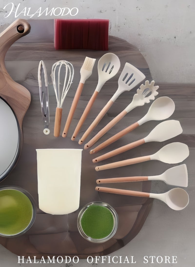 هالامودو مجموعة أدوات طهي من السيليكون مكونة من11 قطعة بمقبض خشبي، مجموعة أدوات طهي من السيليكون غير اللاصقة عالية الجودة، مقاومة للحرارة 428 درجة فهرنهايت، خالية من مادة BPA، مجموعة ملاعق سيليكون، أدوات مطبخ - Image 4