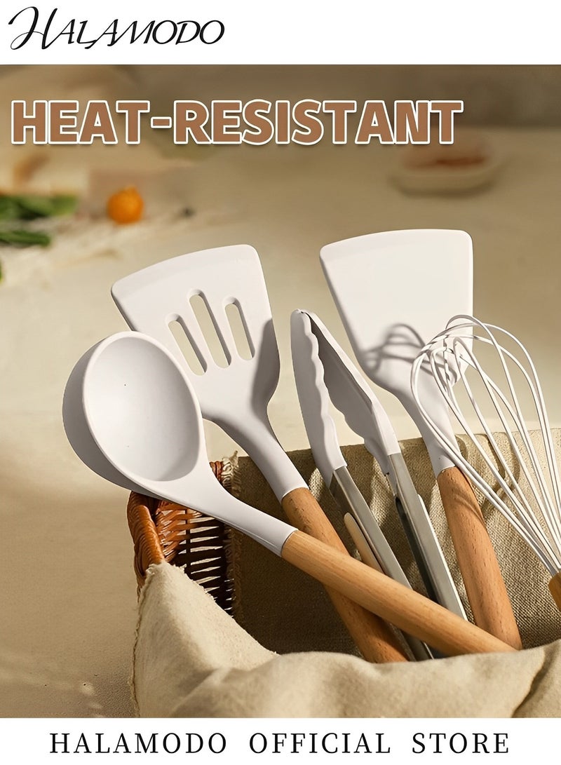 هالامودو مجموعة أدوات طهي من السيليكون مكونة من11 قطعة بمقبض خشبي، مجموعة أدوات طهي من السيليكون غير اللاصقة عالية الجودة، مقاومة للحرارة 428 درجة فهرنهايت، خالية من مادة BPA، مجموعة ملاعق سيليكون، أدوات مطبخ - Image 5