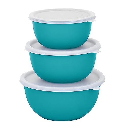 Zaib Stainless Steel Microwave Safe Mixing Bowl Set of 3 with Lids | Insulated Plastic Exterior | 500ml, 750ml, 1250ml (14cm, 16cm, 18cm) | Kitchen Food Storage & Snack Serving Bowls (WL Turquoise 3) - Image 1