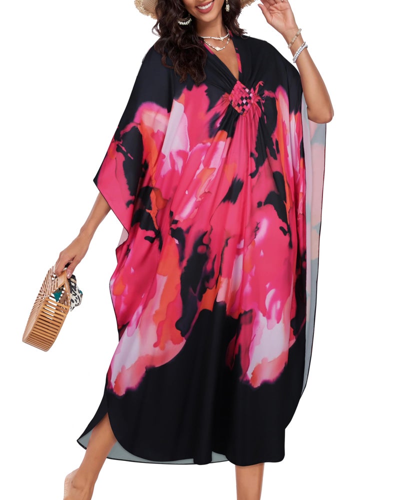JILUVIN Kaftan Dresses for Women Plus Size V Neck Caftans Long Batwing Sleeve Beach Cover Ups Summer Floral Print Dress (Black Pink Rose,One Size) - Image 2