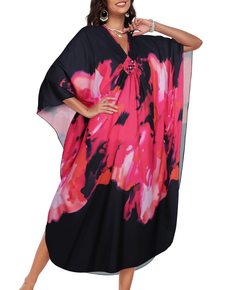 JILUVIN Kaftan Dresses for Women Plus Size V Neck Caftans Long Batwing Sleeve Beach Cover Ups Summer Floral Print Dress (Black Pink Rose,One Size) - Image 3