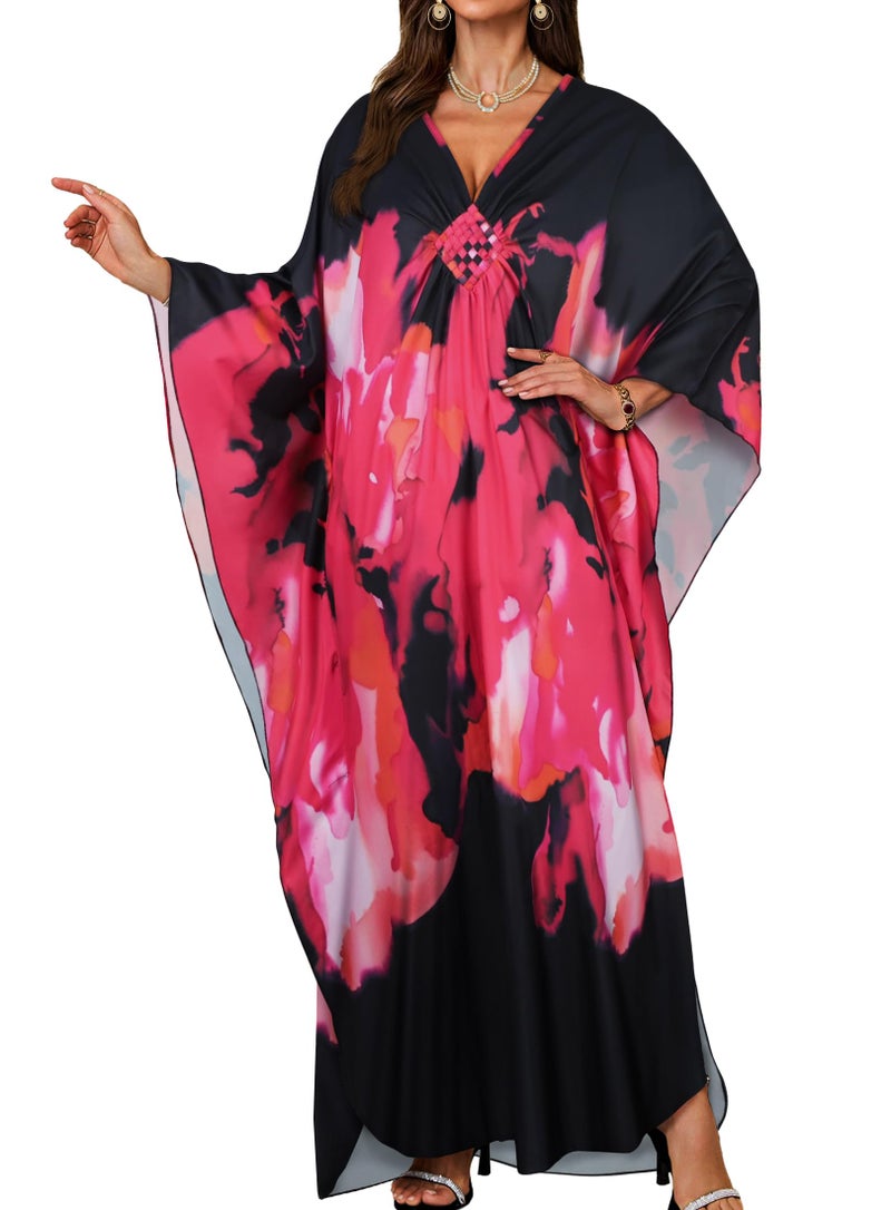 JILUVIN Kaftan Dresses for Women Plus Size V Neck Caftans Long Batwing Sleeve Beach Cover Ups Summer Floral Print Dress (Black Pink Rose,One Size) - Image 1