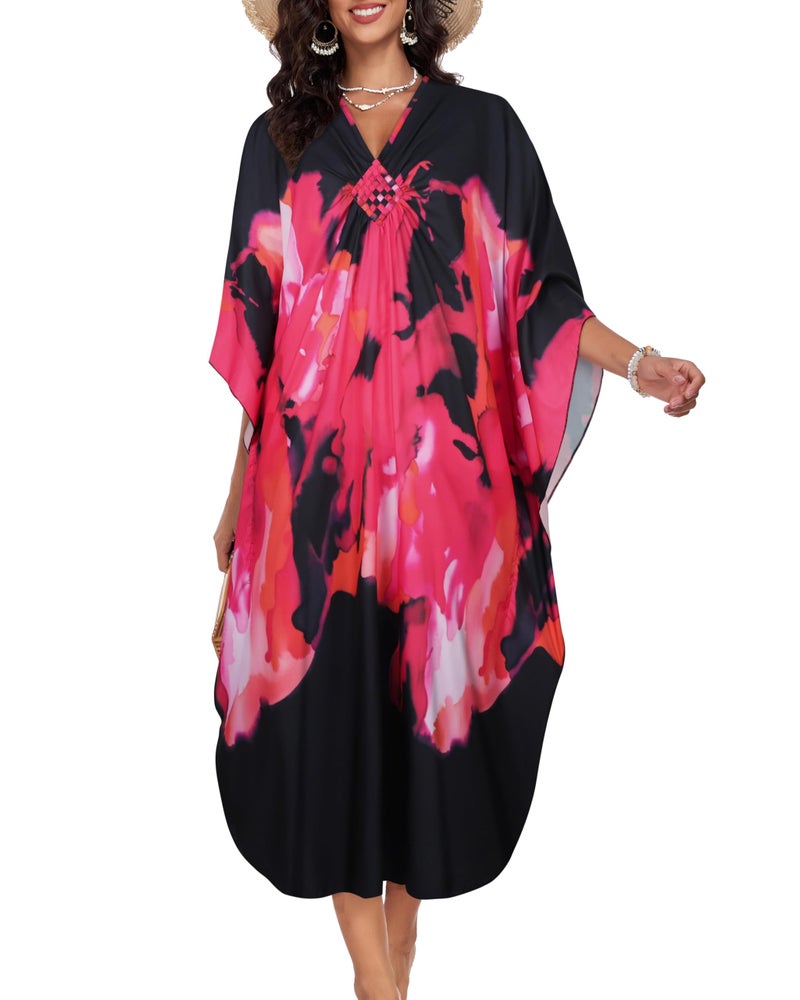 JILUVIN Kaftan Dresses for Women Plus Size V Neck Caftans Long Batwing Sleeve Beach Cover Ups Summer Floral Print Dress (Black Pink Rose,One Size) - Image 4