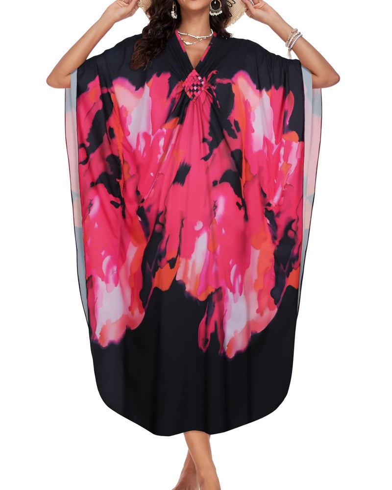JILUVIN Kaftan Dresses for Women Plus Size V Neck Caftans Long Batwing Sleeve Beach Cover Ups Summer Floral Print Dress (Black Pink Rose,One Size) - Image 5