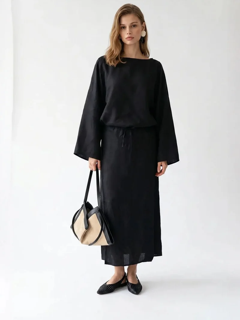 ميكسراي MIXRAY Women's Solid Textured Maxi Dress With Tie Detail