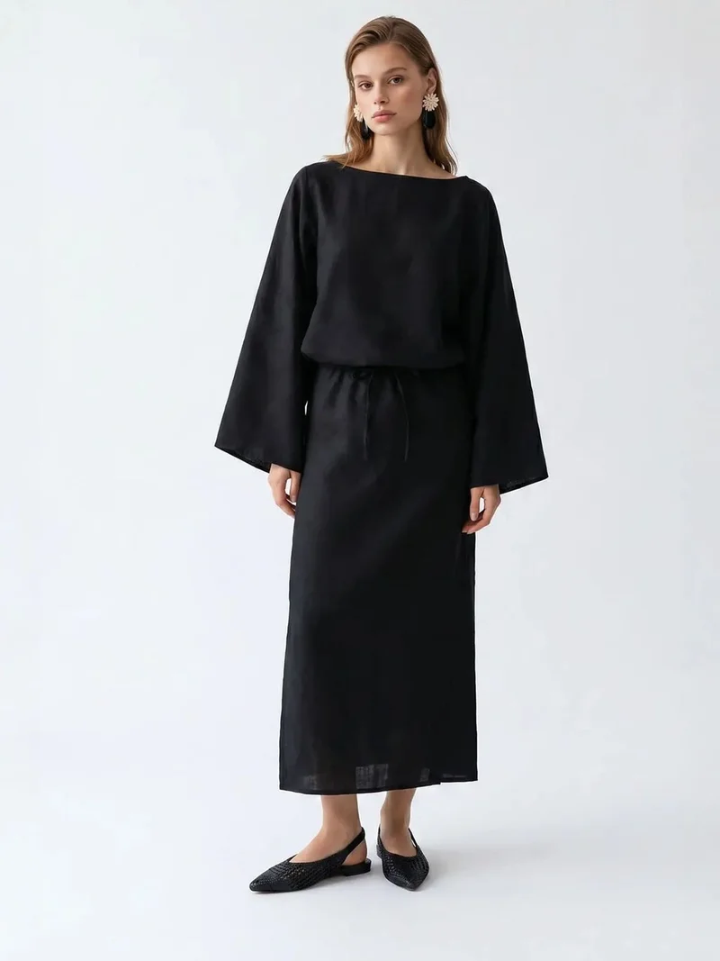 ميكسراي MIXRAY Women's Solid Textured Maxi Dress With Tie Detail