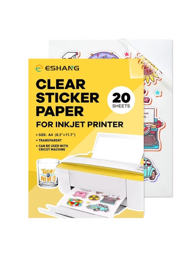 ESHANG Printable Clear Vinyl Sticker Paper for Inkjet Printer, A4 20 Sheets, Waterproof Transparent Sticker Paper for DIY Crafts, Labels, Decals - Image 1