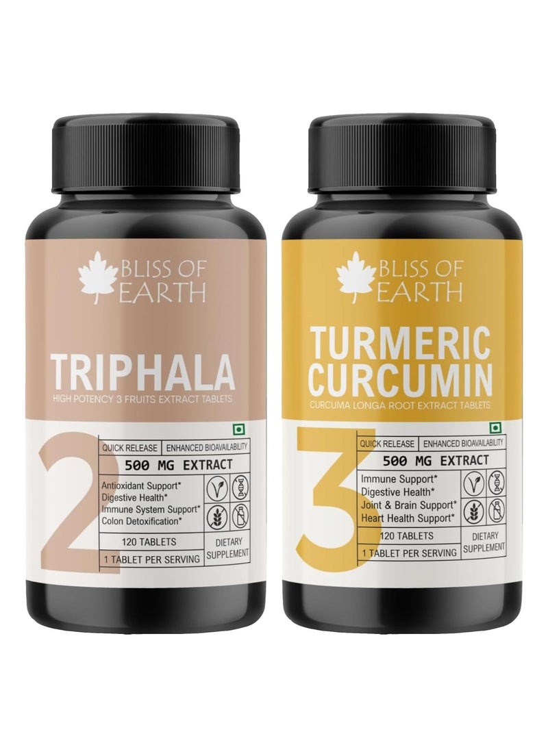 Bliss of Earth High Potency Combo of Triphala Extract Tablets 500mg and Turmeric Curcumin Extract Tablets 500mg, 120 Count Each