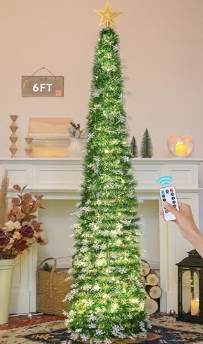 HMASYO 6 FT Pop Up Tinsel Christmas Tree with 100 LED Timer Lights Remote Green Collapsible Artificial Pencil Tree with Snowflake Ornaments Xmas Decoration for Home Office Party USB Powered - Image 1