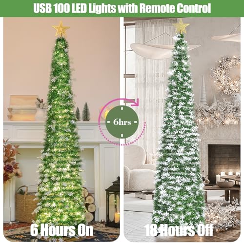 HMASYO 6 FT Pop Up Tinsel Christmas Tree with 100 LED Timer Lights Remote Green Collapsible Artificial Pencil Tree with Snowflake Ornaments Xmas Decoration for Home Office Party USB Powered - Image 3