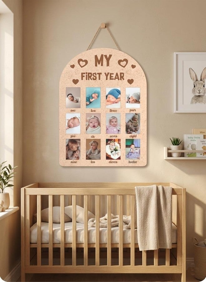 SVM CRAFT® Set of 1 My First Year Photo Display Wood Board heart Pattern Baby's 1st Birthday Picture Frame Newborn 12 Months Photos Milestone Memories Keepsake Board. - Image 5