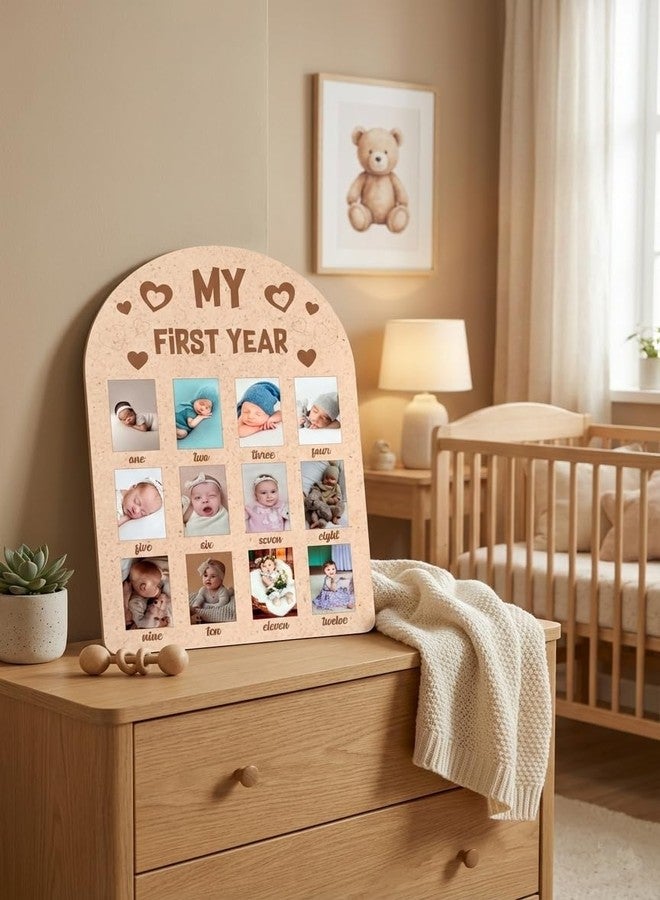 SVM CRAFT® Set of 1 My First Year Photo Display Wood Board heart Pattern Baby's 1st Birthday Picture Frame Newborn 12 Months Photos Milestone Memories Keepsake Board. - Image 4