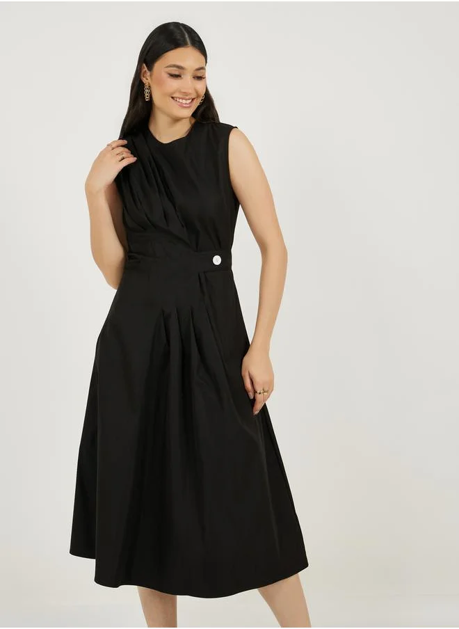 Styli Pleated Front Sleeveless A-Line Midi Dress